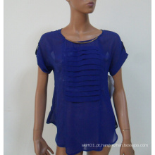 Alta qualidade o-pescoço cor azul moda design 100% chiffon blusa para a menina